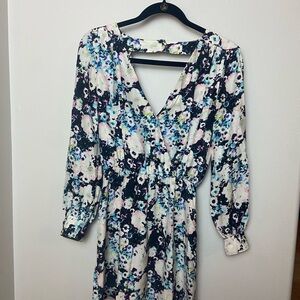 Floral V-Neck Long Sleeve Silk Dress